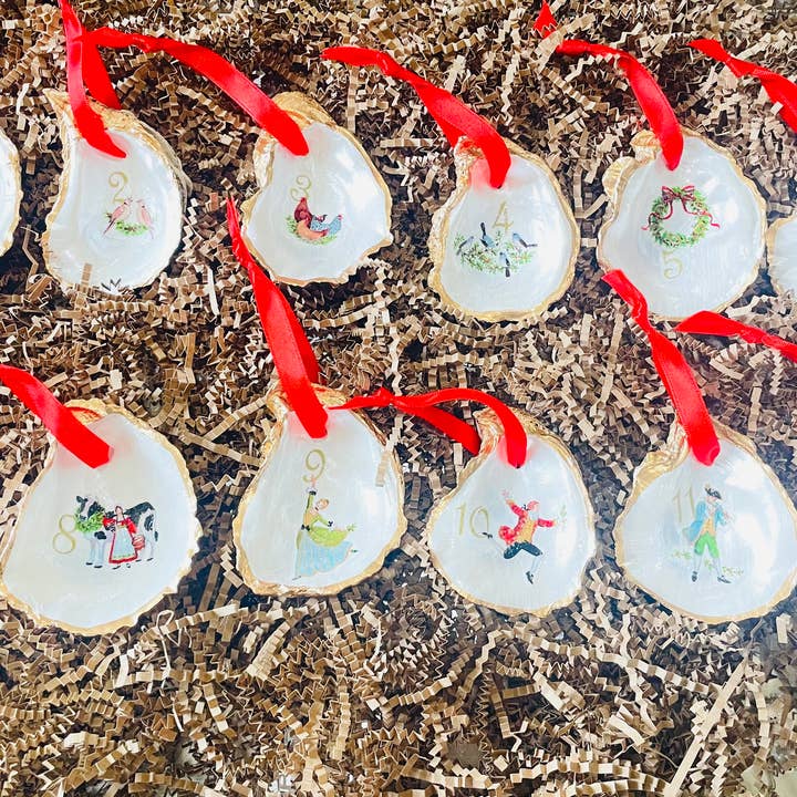 Shells by Shea - Wholesale Ornament - Oyster Shell Ornament Set,12 Days of Christmas Ornaments12