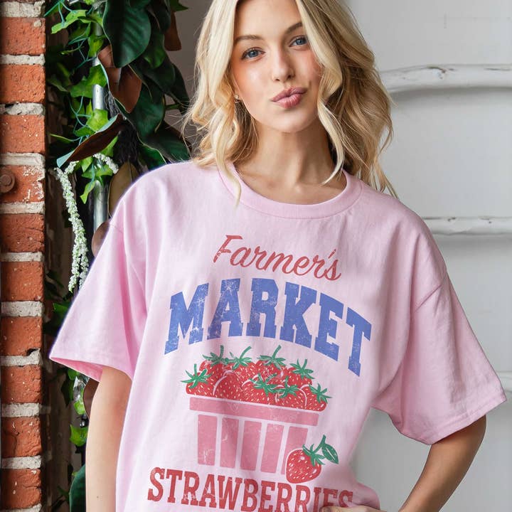 FARMER'S MARKET STRAWBERRIES Oversized Graphic Top for wholesale by BLUME & CO.
