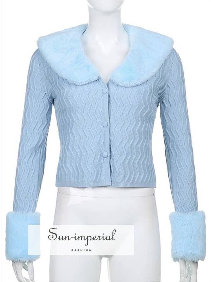 Women Blue Zig Zag Plush Faux Fur Collar And Cuff Knit for wholesale by Sun Imperial