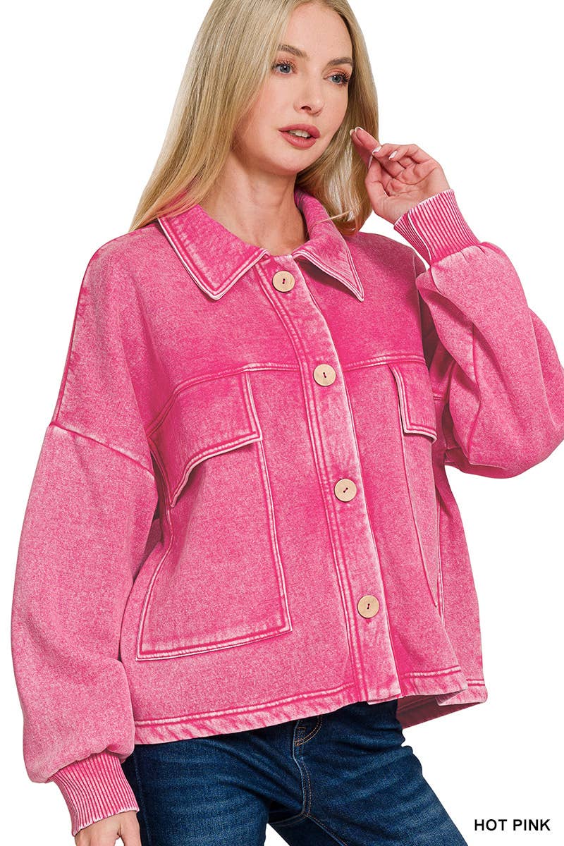 Vanilla Monkey – wholesale Shirt Jacket/Shacket - Women’s – Acid Wash Fleece Front Pocket Cropped Shacket5