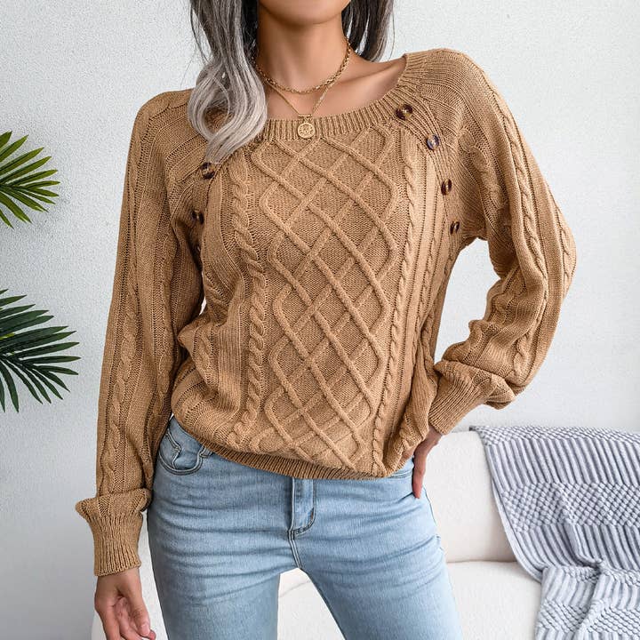 Suhkasana - Wholesale Knitted jumper – Women′s - Fall Winter Casual Square Neck Button Detail Cable Knit Swea29