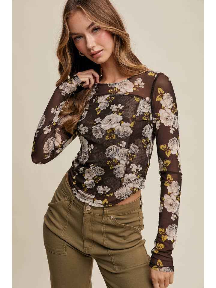 Listicle - Wholesale T-Shirt - Women's - Floral Mesh Long Sleeve Layering Top48