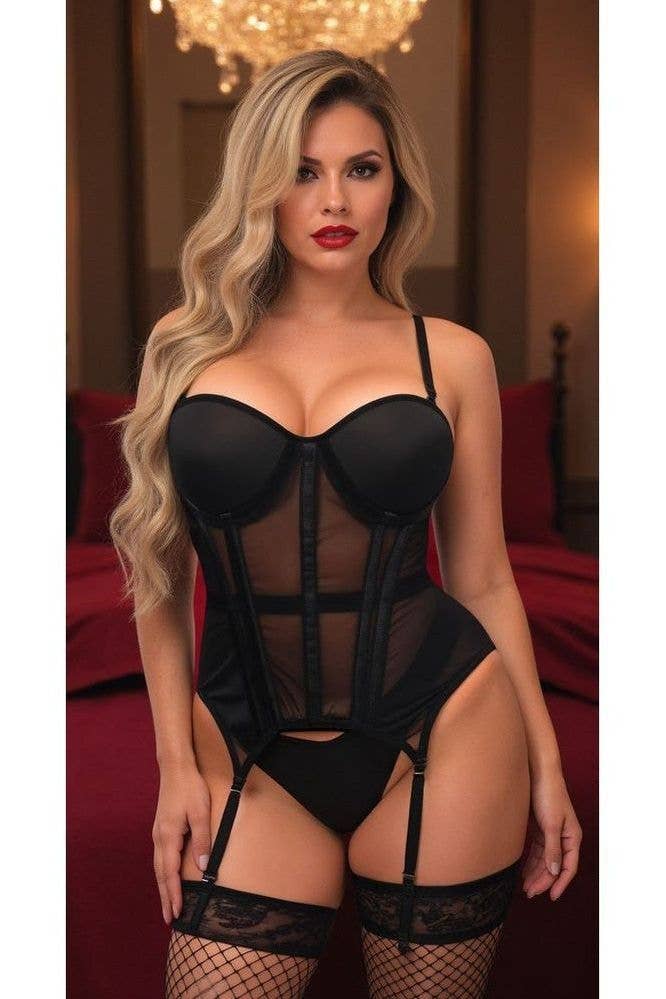 Daisy Corsets – wholesale Bustier – Women's – Lavish Black Mesh Underwire Bustier Corset w/Garters2