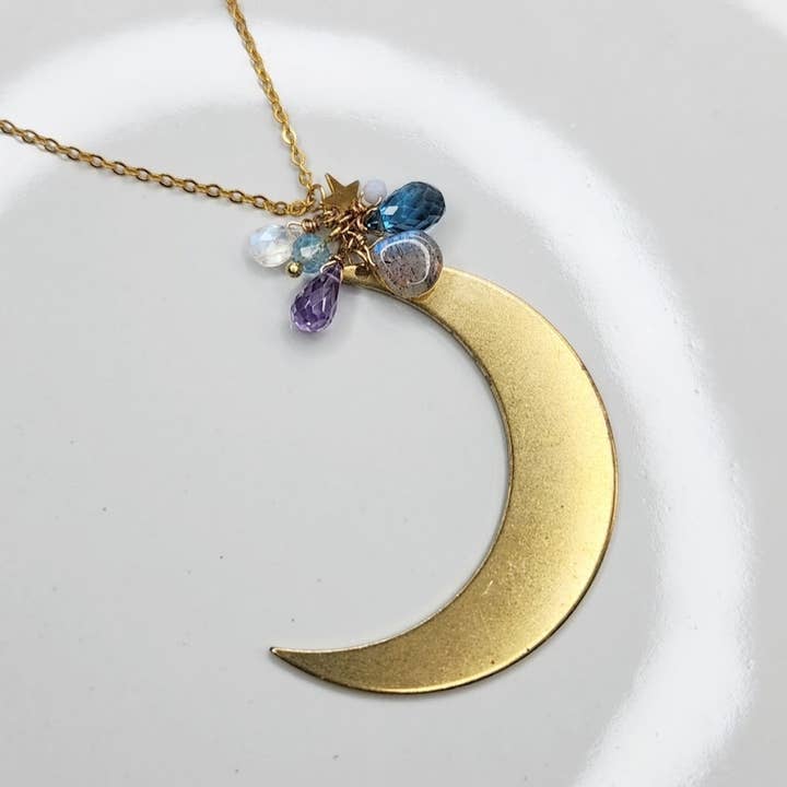 Gemstone Cluster with Moon & Star Zodiac Pendant Necklace for wholesale by Sara Sela Jewelry