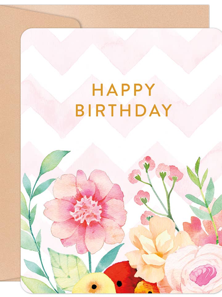 Happy Birthday Chevron and Watercolor Florals Birthday Card for wholesale by Willow & Ivy Press