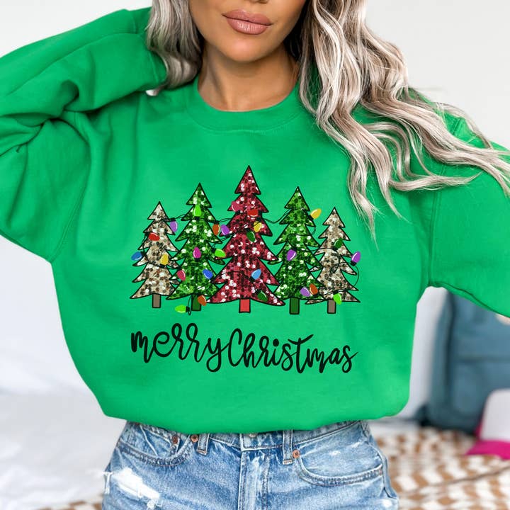 ATTA TOOD LLC - Wholesale Graphic Sweatshirt - Women's - Merry Christmas women's sweatshirt, Sparkling trees, Top