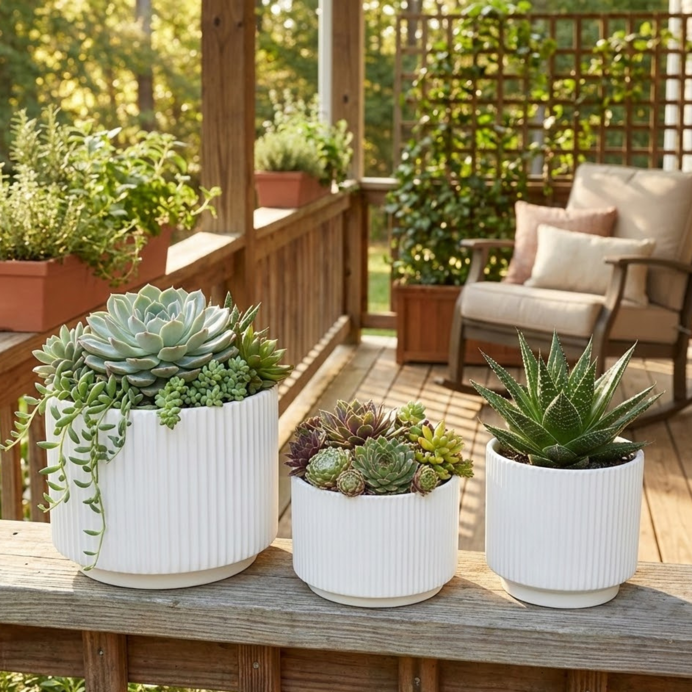 Florinia - Wholesale Plant Pot - 3-Piece White Stoneware Planter Pot Set with Ribbed Texture2
