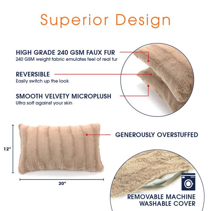 Cheer Collection - Wholesale Throw/Decorative Pillow - 2-Pack Reversible 12"x20" Faux Fur and Microplush Pillows13