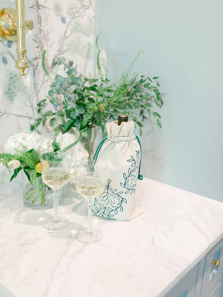 Wine Gift Bag - Lotus, Midnight Green with Midnight Thread for wholesale by Mended