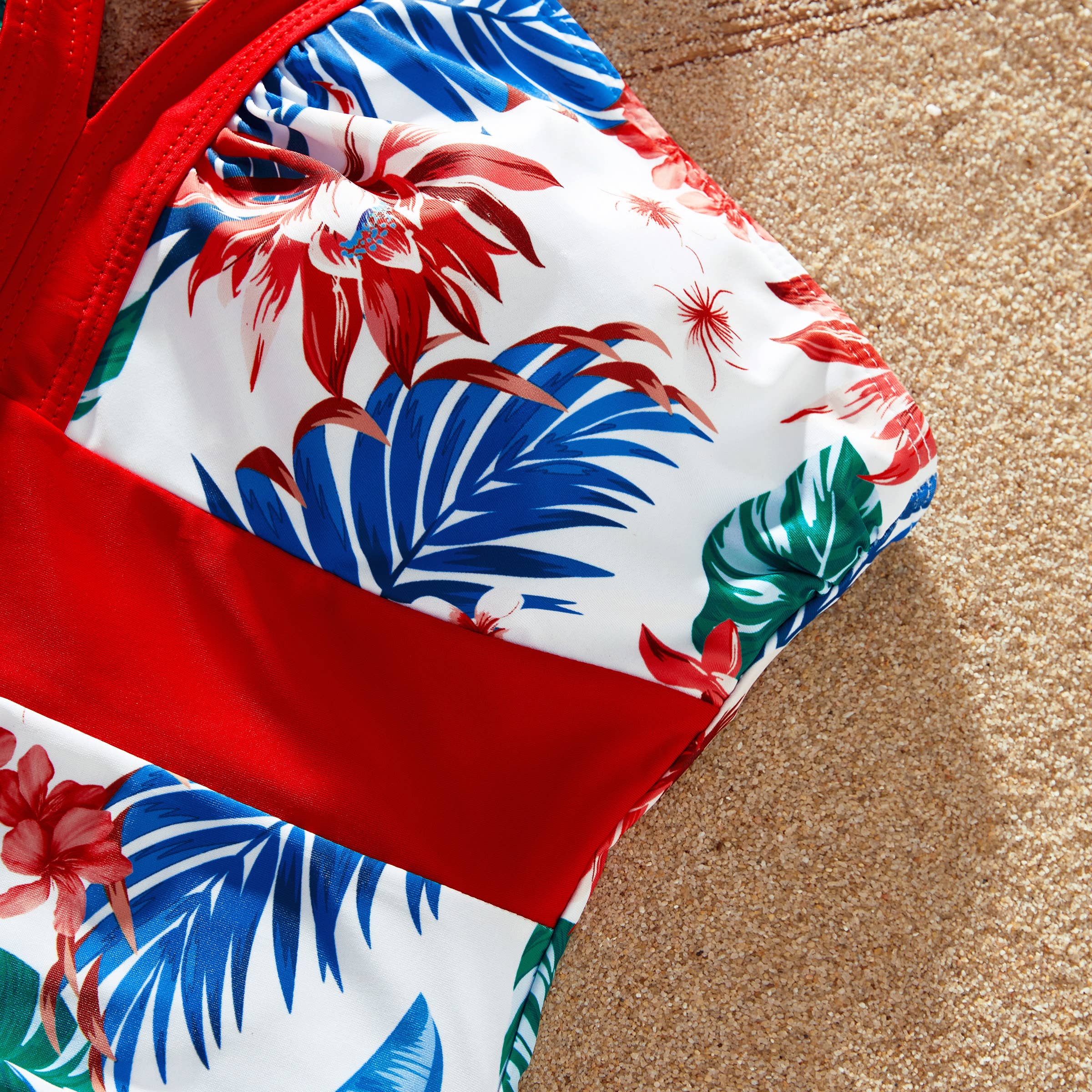 Red Matching Family Tropical Plant One-piece Swimsuit or trunks for wholesale on Faire21