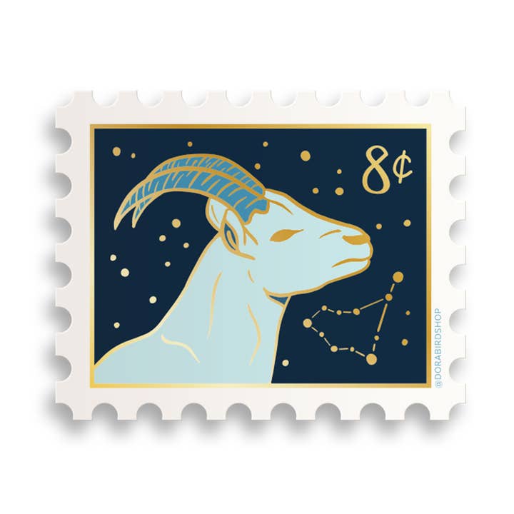 Capricorn Zodiac Postage Stamp Sticker (Sticker) for wholesale by Sablewood Paper Company