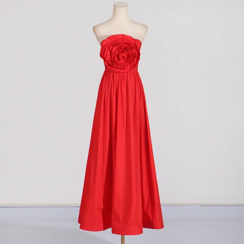 Red DR0185Y Floral Stitch High-Waist Tube Top Dress for wholesale on Faire3