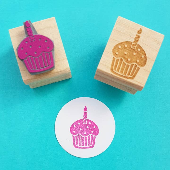 Birthday Cupcake Mini Rubber Stamp for wholesale by Skull and Cross Buns Rubber Stamps