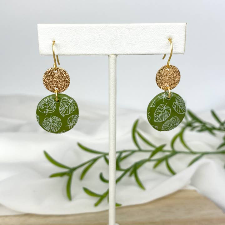 Light Shine - Wholesale Dangle Earrings - Monstera Leaf Dangle Earring | Green Spring Clay Drop |Plant1