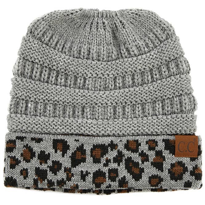 Hana - Wholesale Beanie - Women's - C.C Leopard Cuff Ribbed Ponytail Beanie Winter Hat8