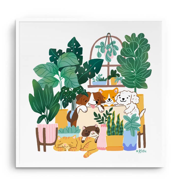 Animaux de compagnie et plantes - Impression 8,5 x 8,5 | Chats | Chiens | Art végétal pour la vente par Cheery Human Studios