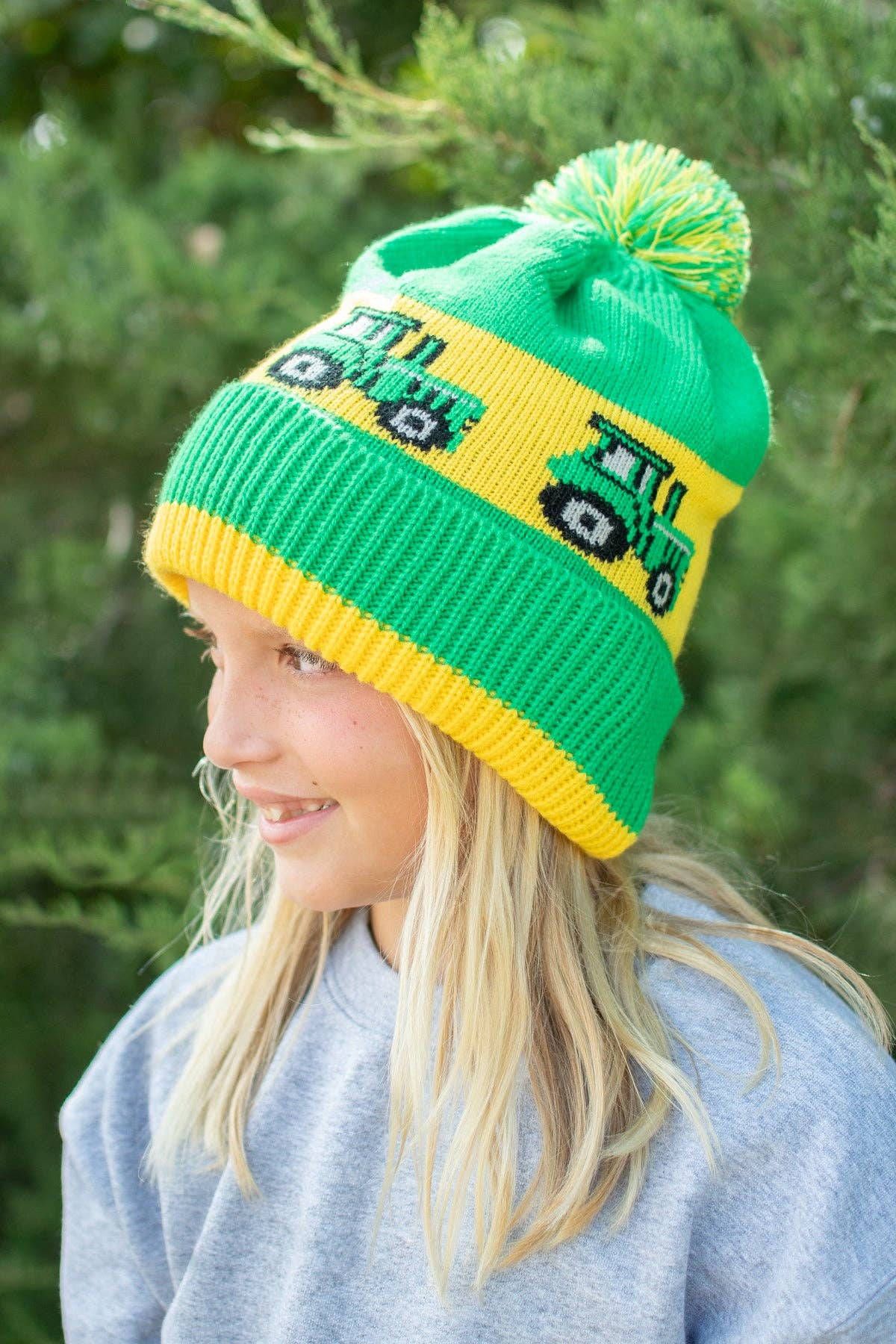 American Farm Company - Wholesale Beanie - Kids - Green Tractor Knit Pom Beanie - Youth5