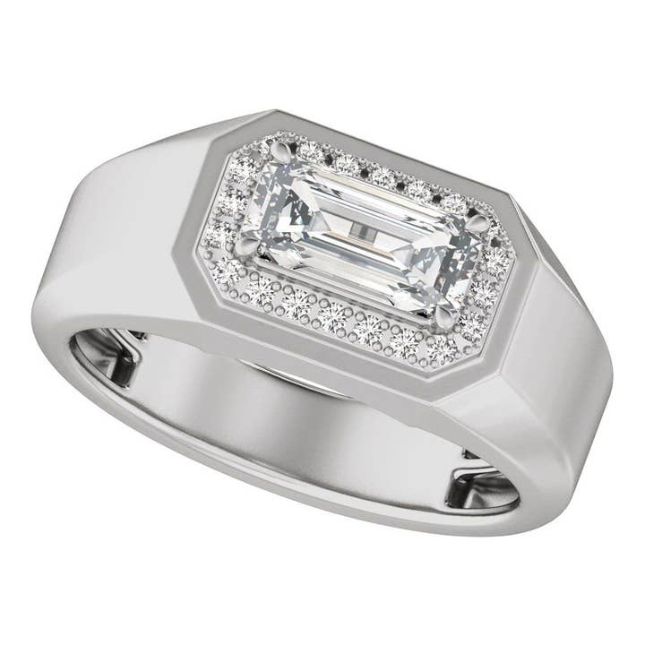 Fascia da uomo in oro bianco 14K con diamante coltivato in laboratorio taglio smeraldo da 1 3/4 CTW in stile halo, fascia unisex. per la vendita all'ingrosso da parte di LooseDiamondNet