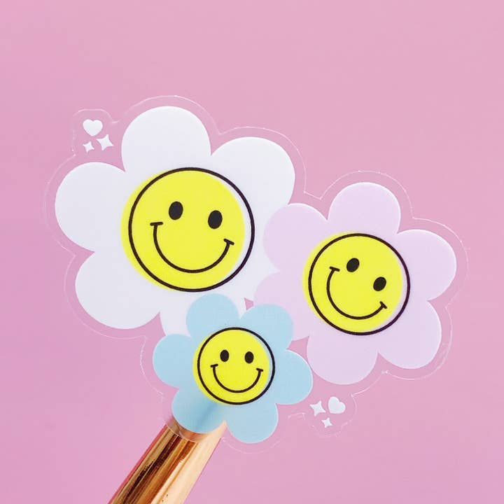 Clear Smiley Flowers Vinyl Sticker Die Cut for wholesale by The HoneyBShop