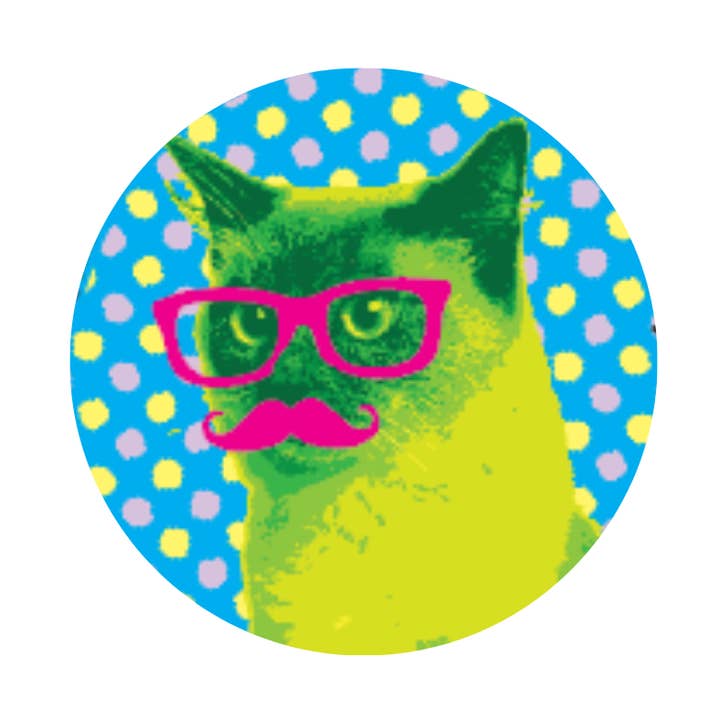 Neon Green Cat w/ Glasses and Stache 1.25" Round Button for wholesale by Kalan