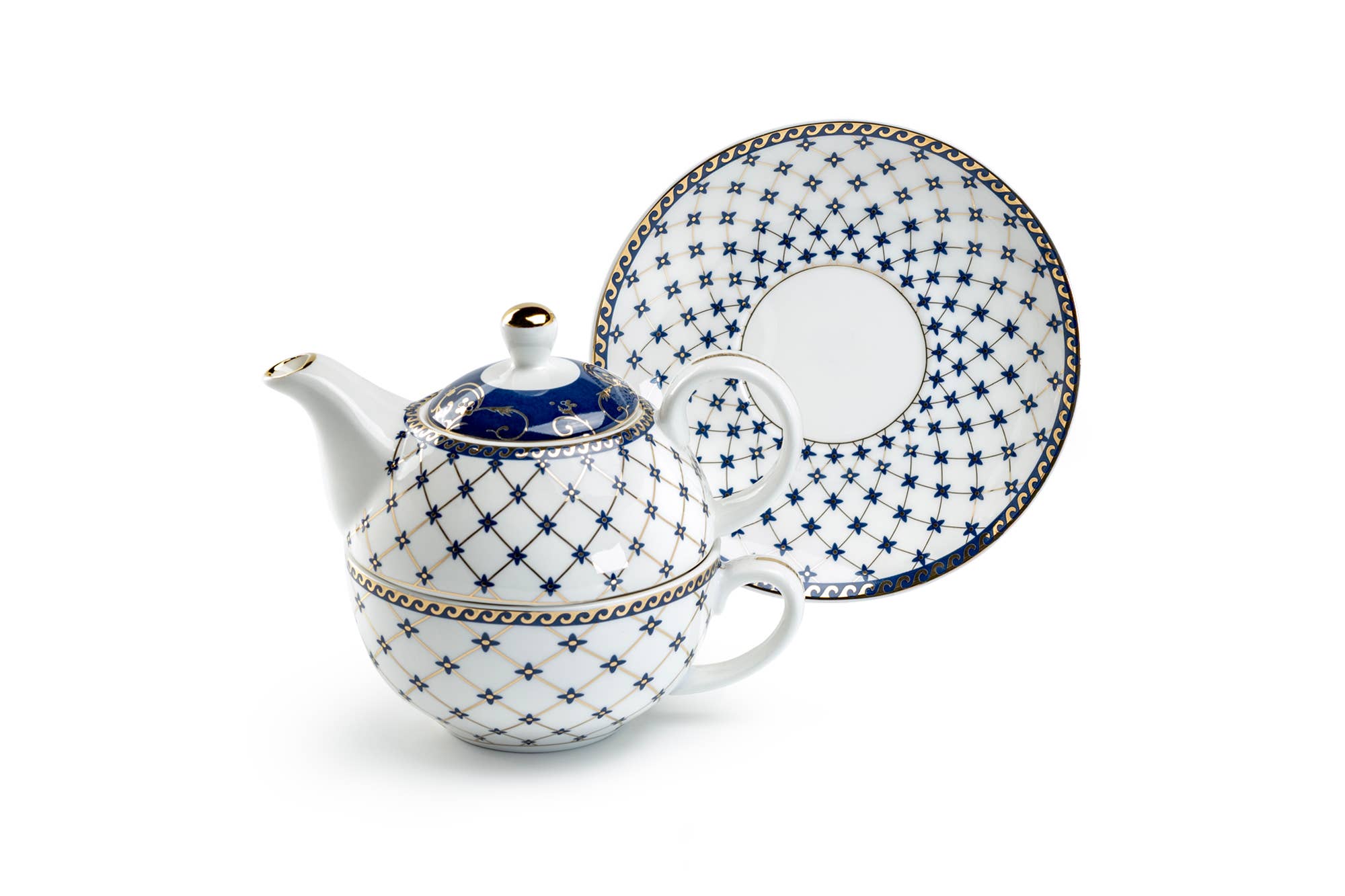 Grace Teaware - Vente Service à thé - Ensemble à thé pour une personne en porcelaine fine bleu treillis or2