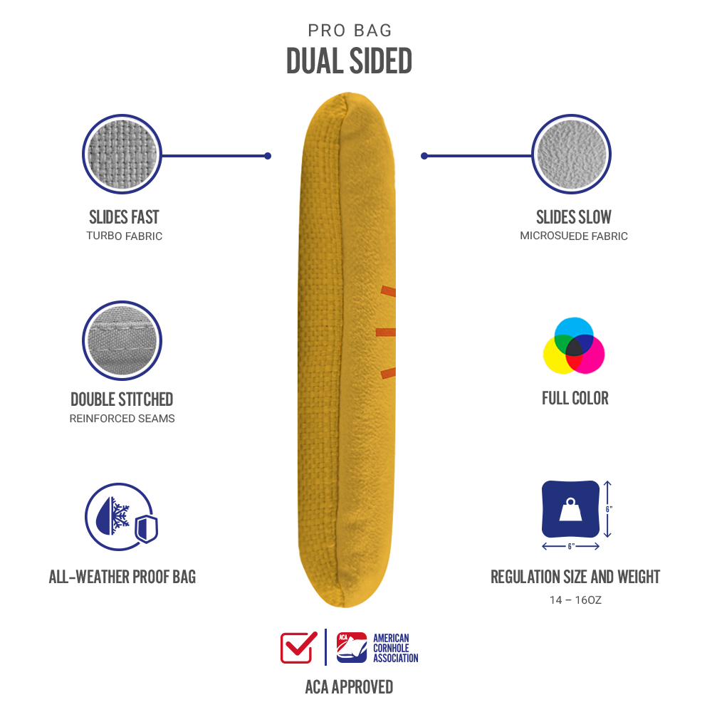 Yellow Suns Out Guns Out Synergy Pro Cornhole Bags for wholesale on Faire2
