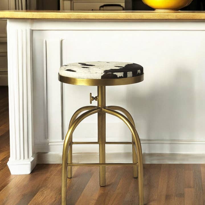 Black Off White And Gold Hair on Hide And Iron Adjustable Height Swivel Bar Chair for wholesale by American Smart