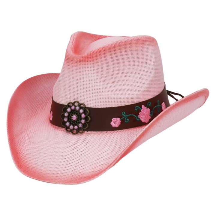 Cap Zone - Wholesale Cowboy Hat - Women's - Pink Rose Concho Belt Ombre Straw Cowboy Hat