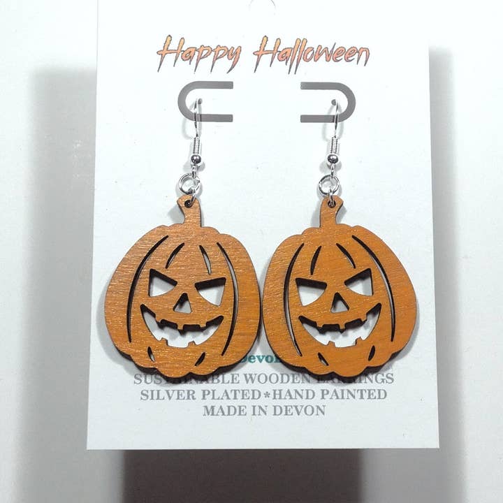 Wooden Halloween Pumpkins Earrings - Handmade in Devon for wholesale by Devon Fox