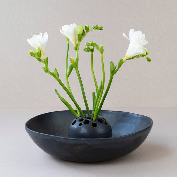 Ceramic Flower Frog and Bowl - Black - Handmade for wholesale by Silverceramics