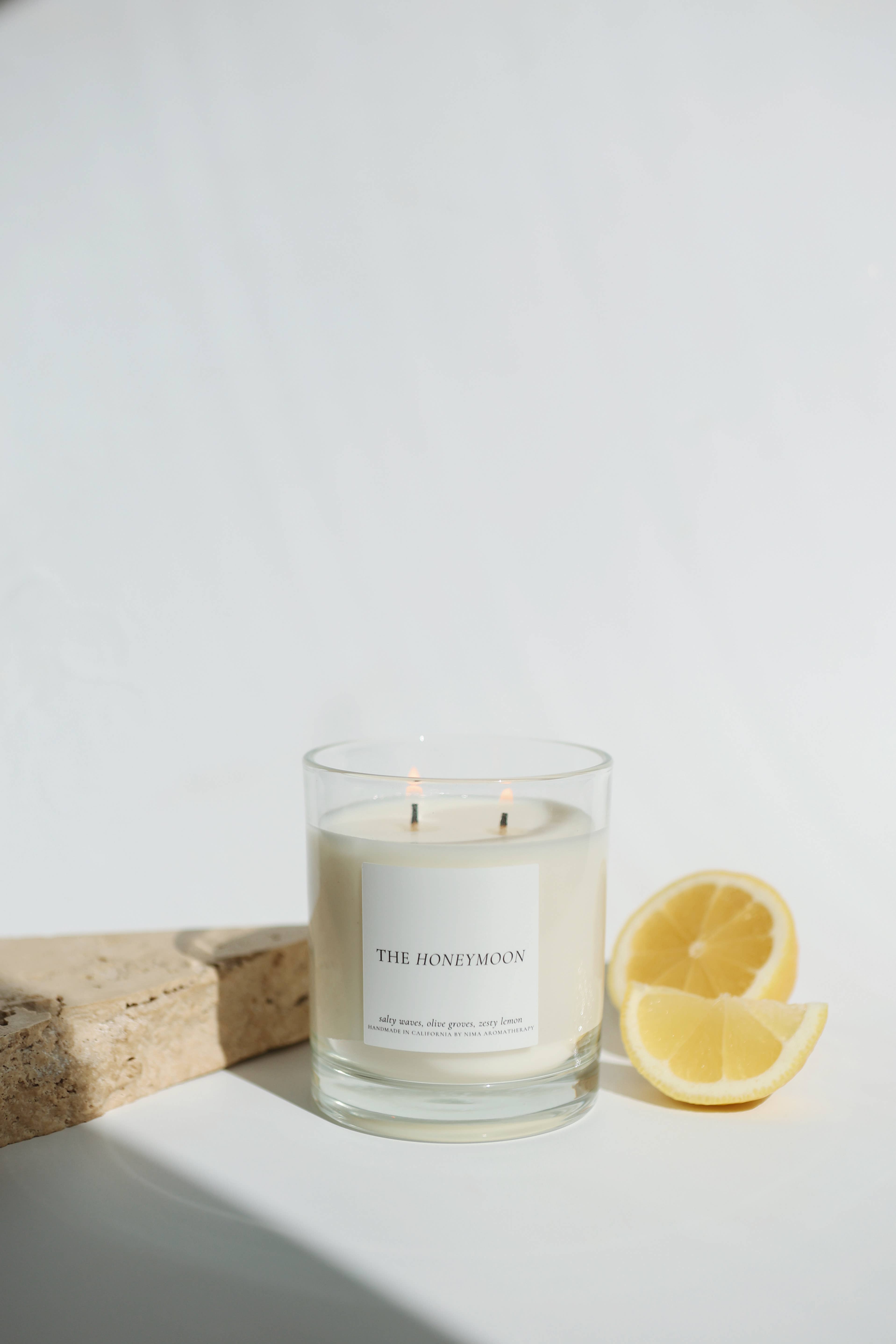 NIMA aromatherapy - Wholesale Jar/Filled Candle - Lemon + Olive groves - 12 oz clear jar soy wax candle