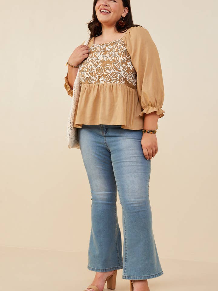 Taupe Womens Floral Embroidered Mix Media Peplum Top for wholesale on Faire7