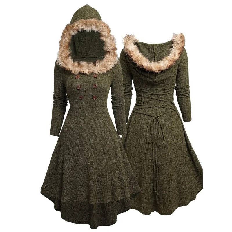 OLIVE GREEN Vintage Long Sleeve Fleece Hooded Midi Dress for wholesale on Faire1