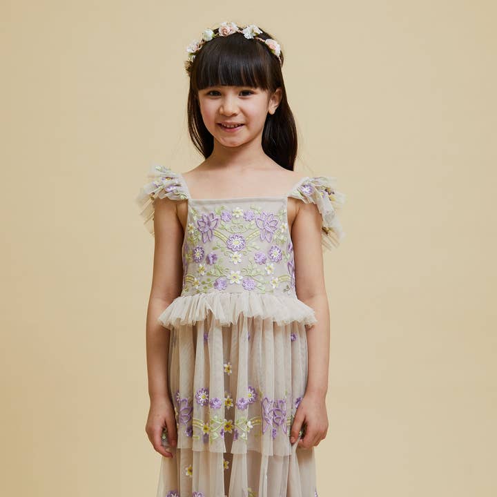 Myla Crystal Grey Floral Embroidered Dress with Tiered Skirt for wholesale by Frock & Frill