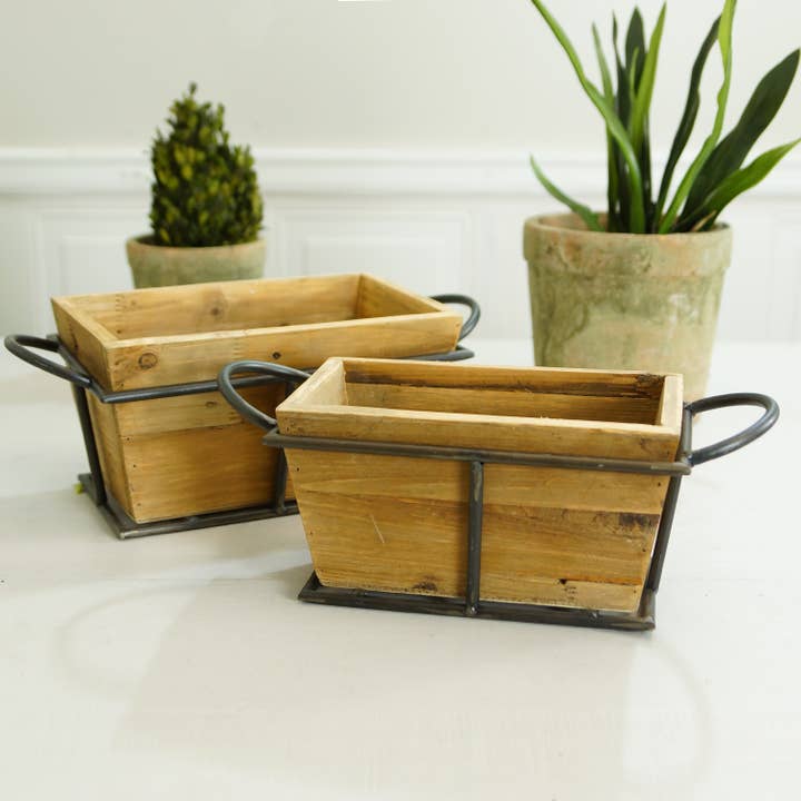 Metal Framed Wood Planters Set of 2 for wholesale by VIP Home & Garden