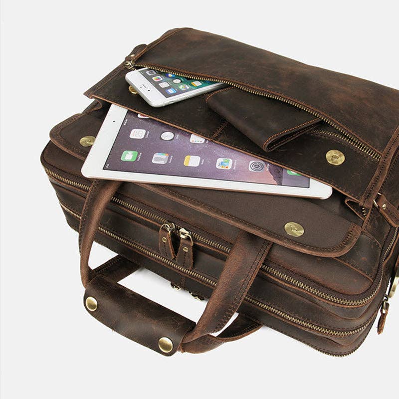 Marrón oscuro Maletín de piel Crazy Horse, bandolera de piel de alta calidad, grande, para hombre de venta al por mayor en Faire6