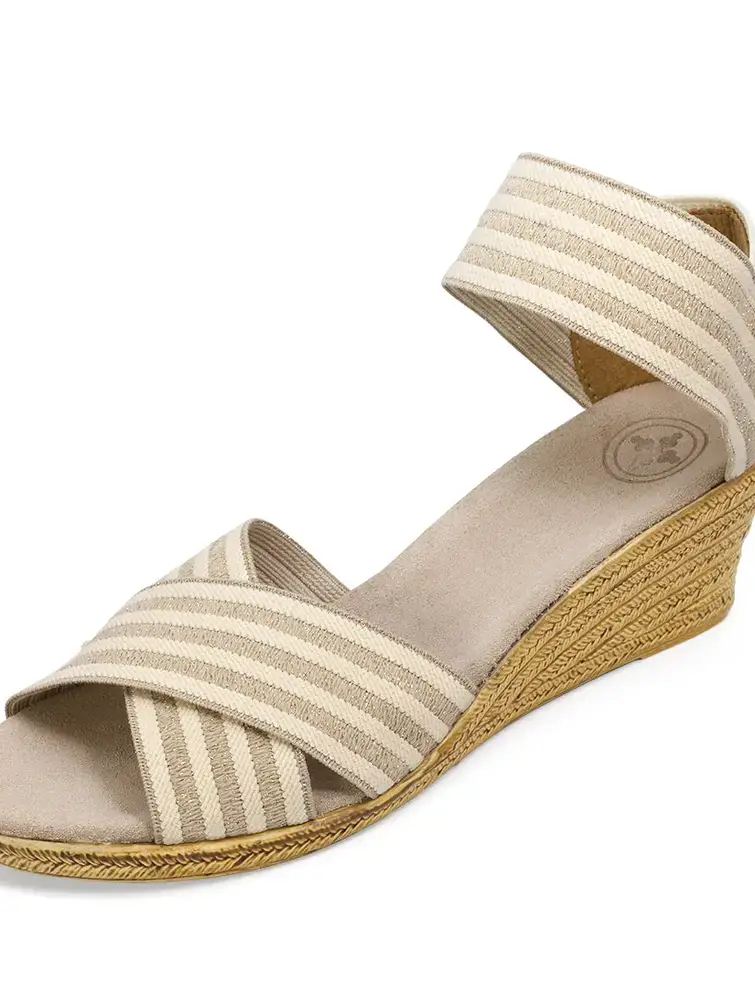 Charleston Shoe Co. - Wholesale Sandals - Women's - Cannon Stripes - Criss Cross Wedge Stretch Sandal4