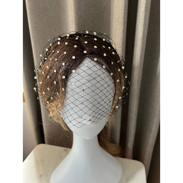 FanakoStudioNYC – Engroshandel Slør - Dame – Bryllups-slør med pandebånd, hvid fuglebure-slør med kunstige diamanter, sort slør3