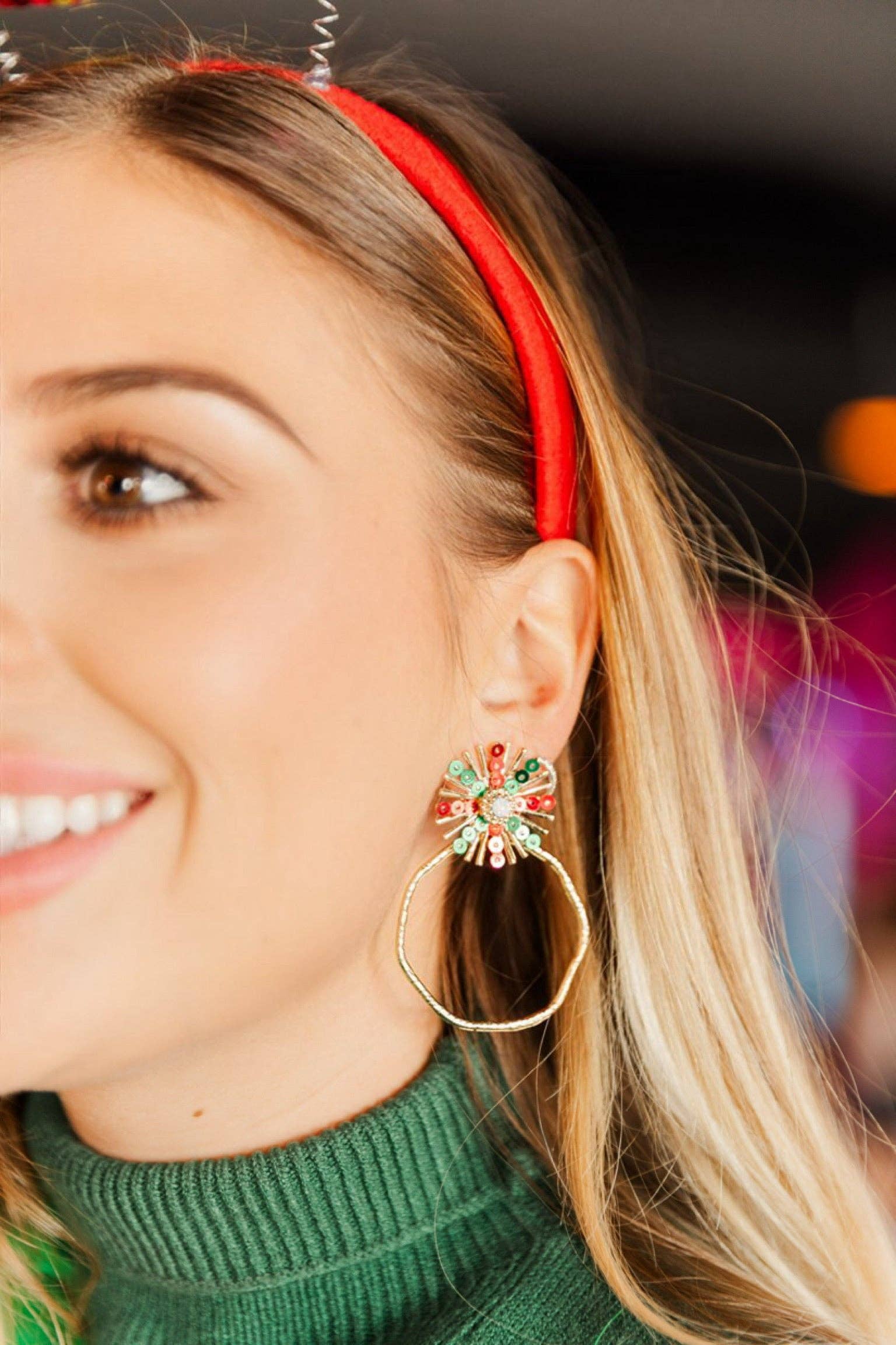 Taylor Shaye Designs - Wholesale Dangle Earrings - Red/Green Sequin Sunburst Hoops1