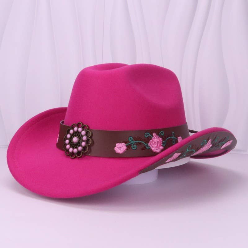 PEACH ACCESSORIES – Chapéu de cowboy - Mulher por atacado – Chapéu de Cowboy com Rosas Bordadas e Detalhe de Concho WA2182