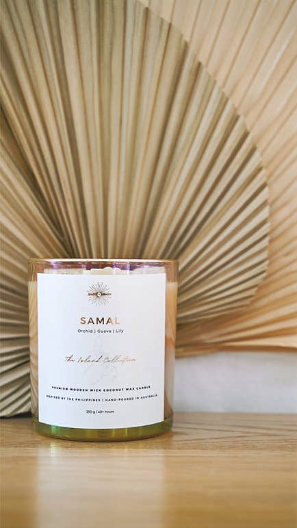 SAMAL Premium Wooden Wick Coconut Wax Candle for wholesale by Santo and Hiraya