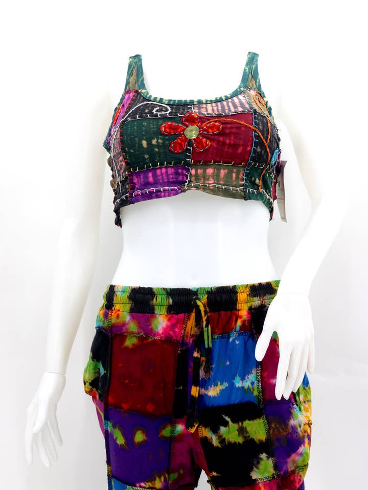 Cotton Hippie Handmade Tie Dye Floral Embroidered Patchwork Ladies Bohemian Top for wholesale by Himalaya Handmade