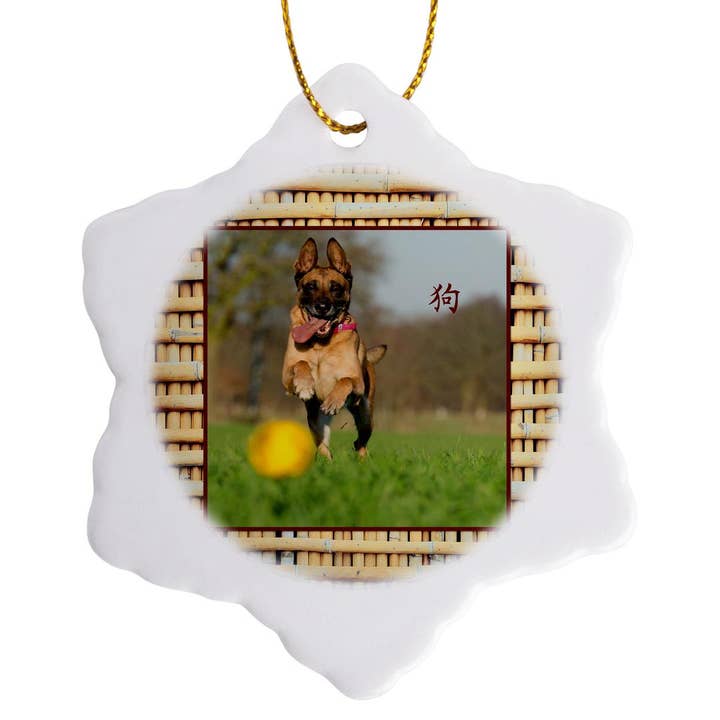 3dRose - Wholesale Ornament - 3dRose, Malinois Playing Ball, Realistic Bamboo Look, Sign of the Dog, Chinese, Ornament
