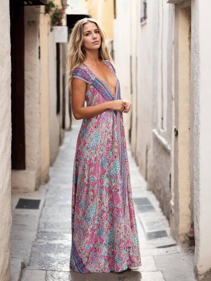 Vestido longo feminino de seda estampada com decote em V pronunciado por atacado de Kimago Look