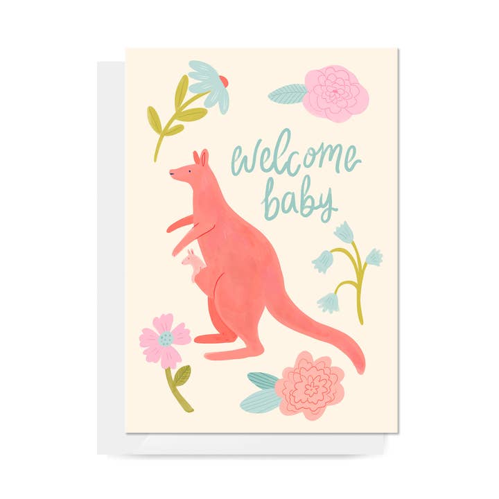 Kangaroo and Joey "Welcome Baby" Greeting Card for wholesale by Carla Ellis Creative