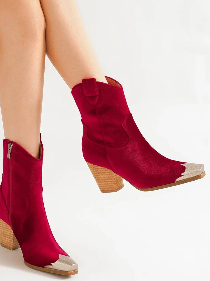 Mars Sky Shoes Wholesale - Wholesale Cowboy Boots - Women's - Beast Fashion DAKOTA-01 Women Block Heel Metallic Cap Toe Velvet Western Booties-12 Pairs Pack-42.75/Pair4