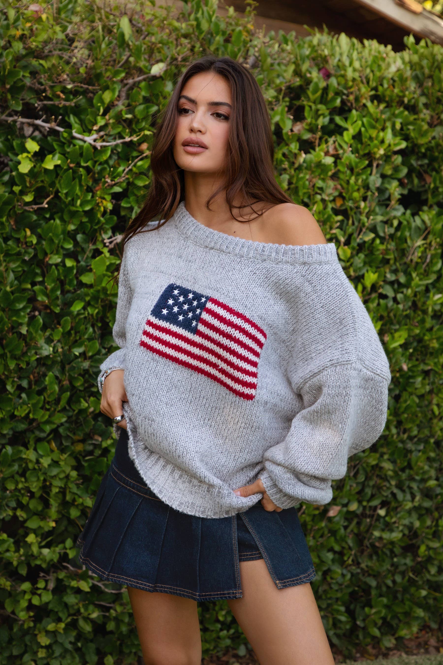TICTOC - Wholesale Knit Sweater - Women's - BRANDI American Flag Knit Off The Shoulder Lounge Sweater11