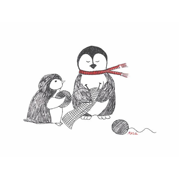 Knitting Penguins Whimsy, kids whimsical animal wall art for wholesale by Whimsy Pop