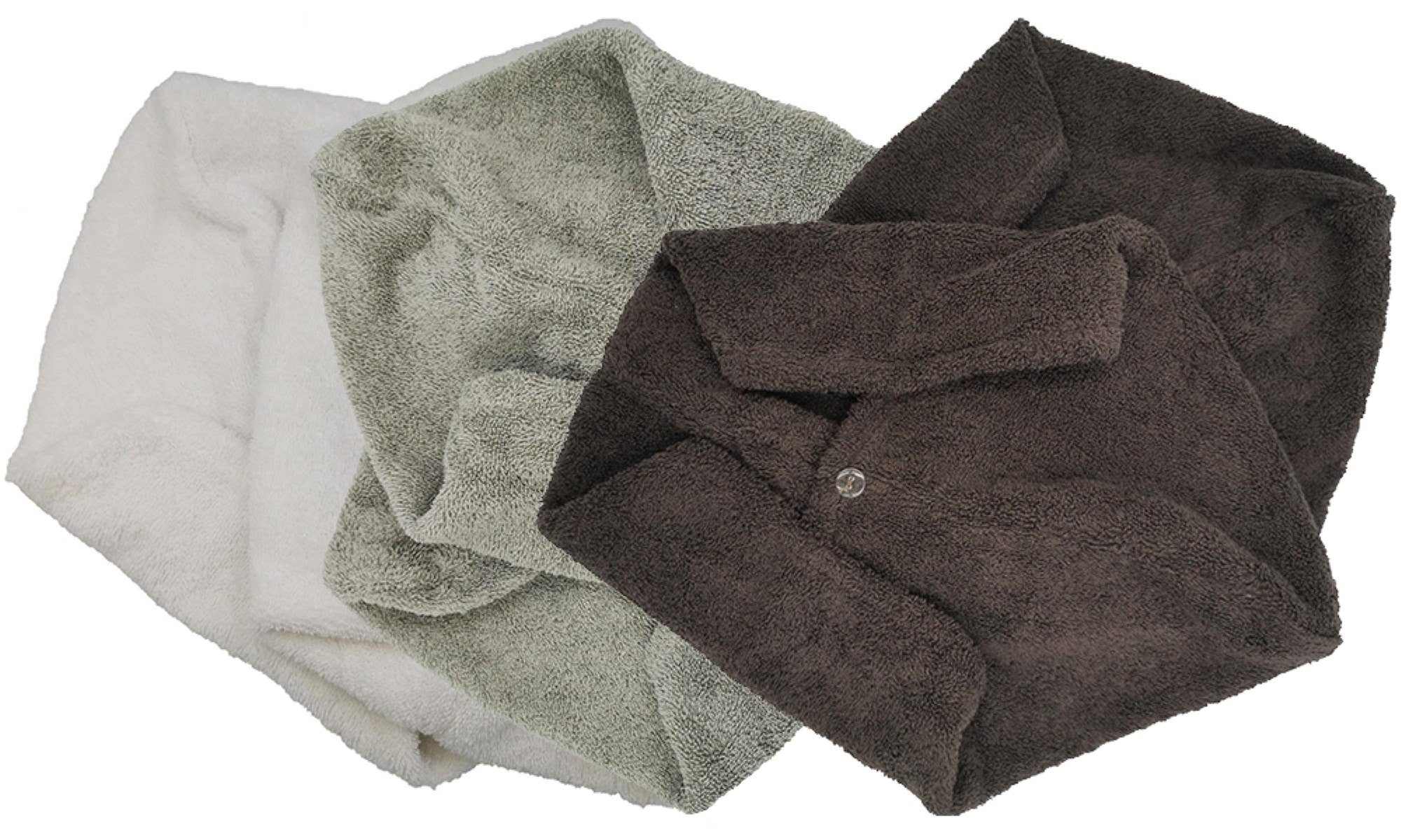 Mani Textile – Engroshandel Håndklæde/vikle til hår – Sæt med 2 hårtørrerhåndklæder i grøn/grå3