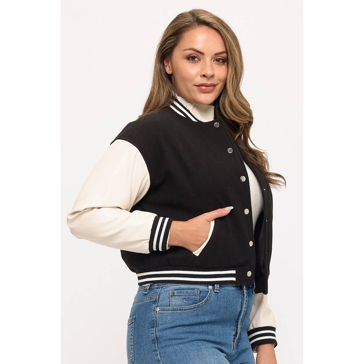 BLACK WHITE PLUS SIZE LONG SLEEVE SNAP BUTTON WITH SIDE POCKETS VARSITY  for wholesale on Faire1